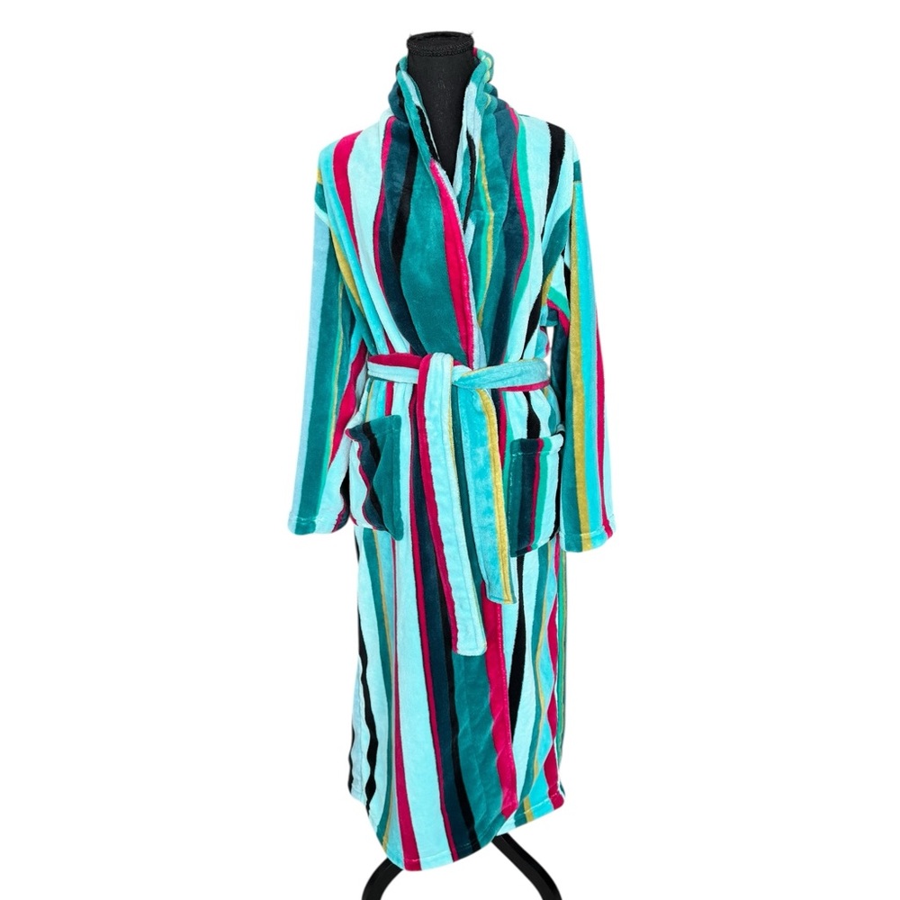 Alexander Del Rossa Plush Fleece Robe M Teal Pink Striped Belted Cozy Spa